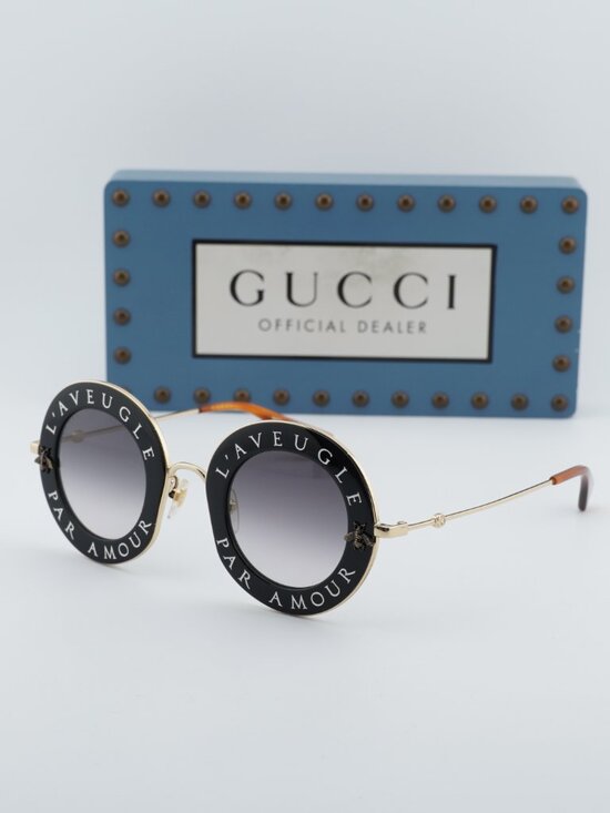 Gucci GG0113S 001 Round Sunglasses - Black Gold\\Grey Gradient main image 11